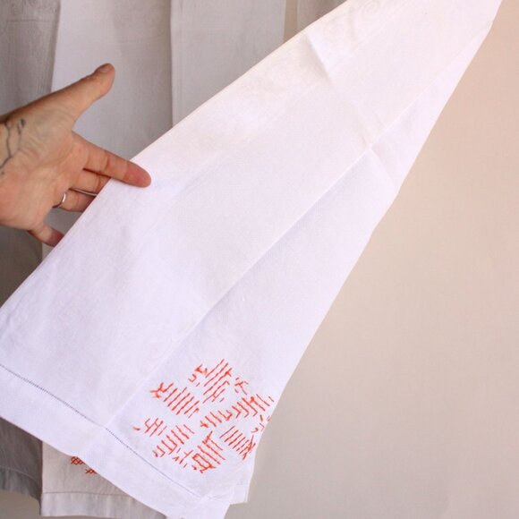 Vintage White Linen Damask Towels With Orange Cross Stitch, Set Of Hand Towel - Picture 13 of 13